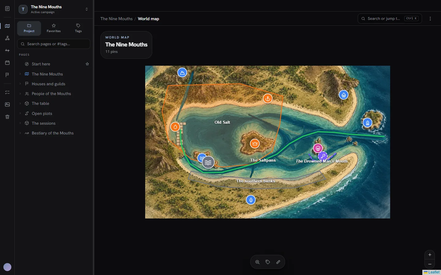 The world map of The Nine Mouths, with pins, a region and a route drawn over a tidal bay